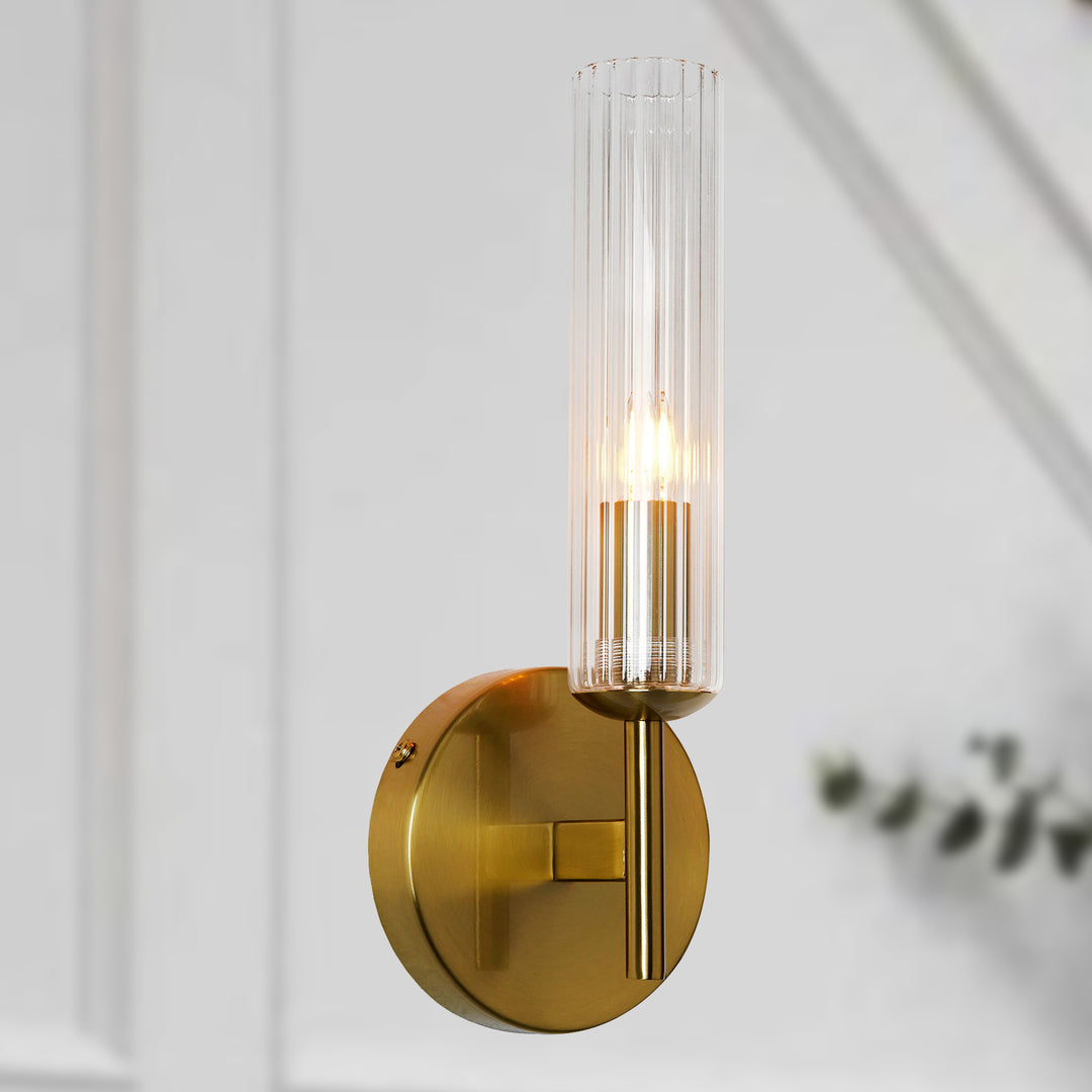 Antique Bronze Tube Sconce with Ribbed Glass Shade and Cylindrical Design for Versatile Indoor Lighting