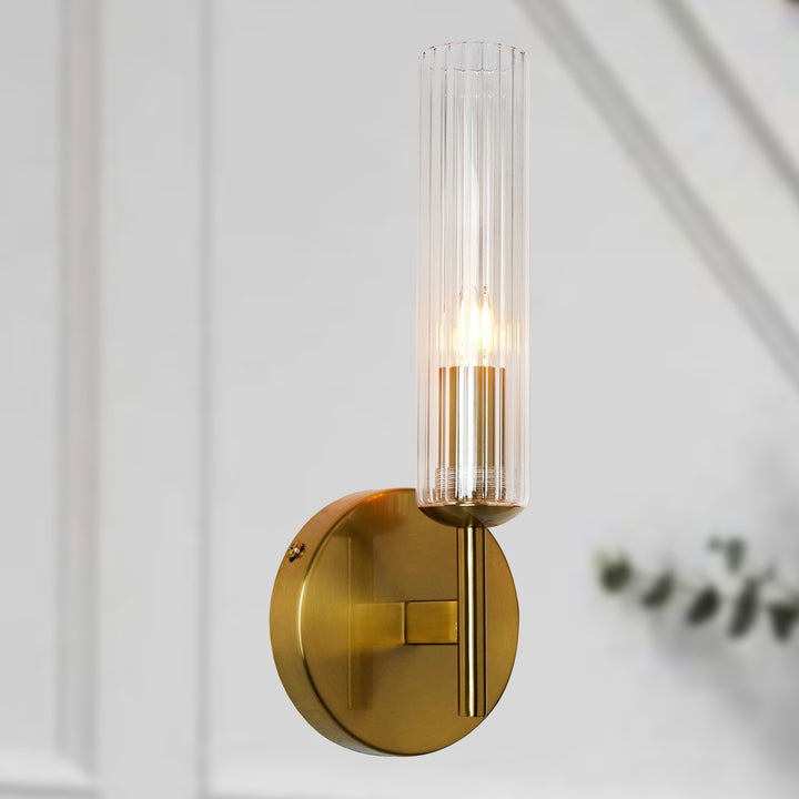 Antique Bronze Tube Sconce with Ribbed Glass Shade and Cylindrical Design for Versatile Indoor Lighting