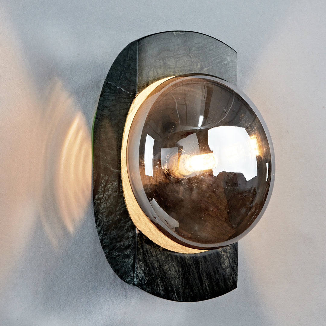 Smoked Luster Veining Globe Wall Sconce - Unique Fixture with Solid Green Marble and Smoked Luster Glass Globe, Featuring Variation in Veining - Ideal for Wall Sconce, Wall Lights, and Exterior Wall Lights