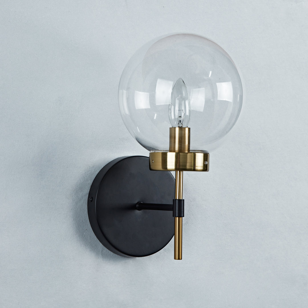 Brass Glow Mid-Century Glass Globe Wall Sconce - Two-Toned Metal and Handblown Clear Glass for Bedroom, Living Room, and Outdoor Lighting