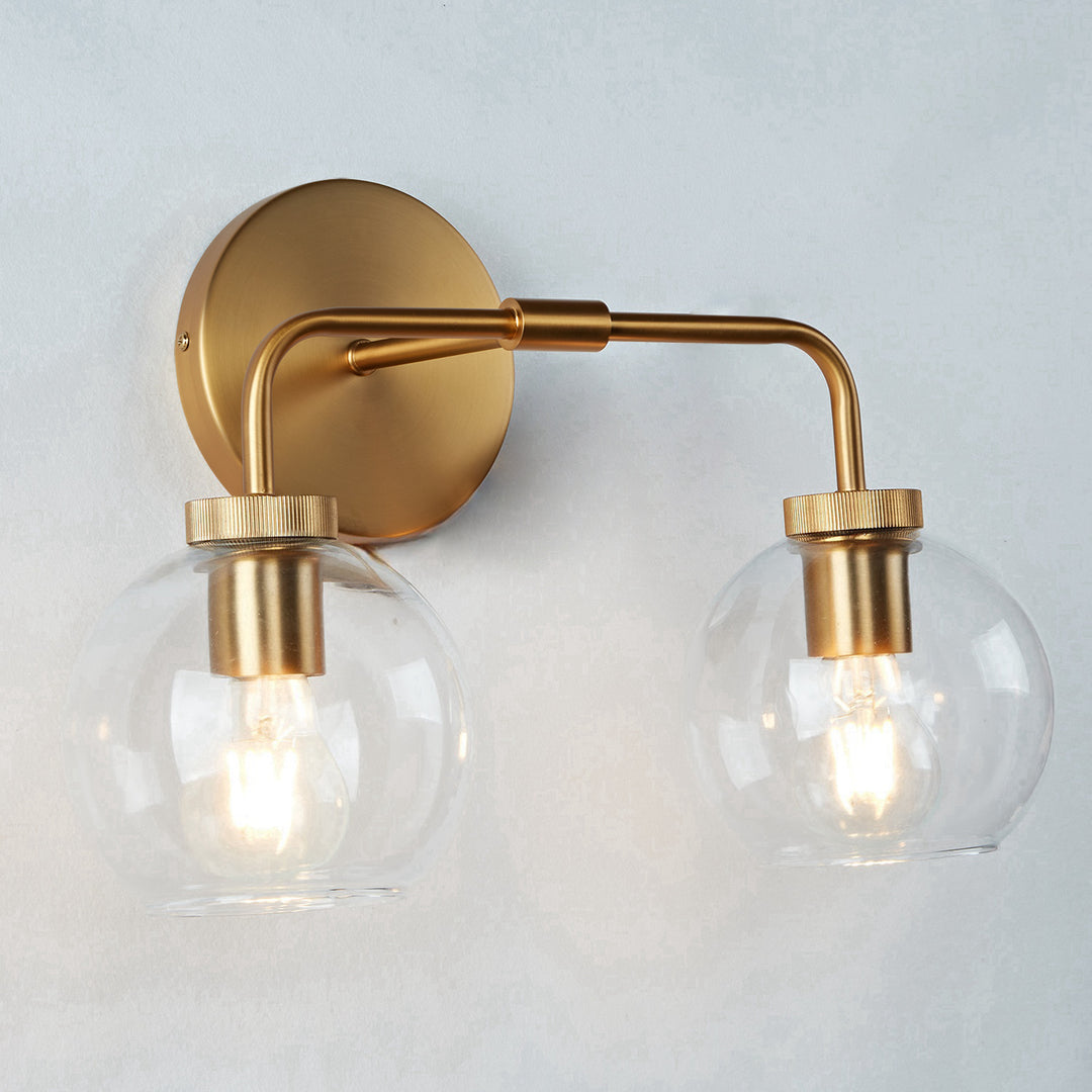 Globe Shade Matte Finish with Brass Accents Double Light Sconce - Elegant Blown Glass and Steel Frame, Bathroom Sconce