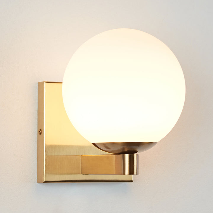 Globe Shade Matte Finish with Brass Accents Single Light Sconce - Blown Glass and Steel Frame for Outdoor, Living Room