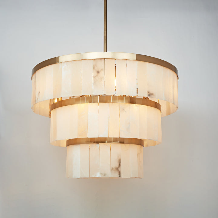 Rustic Alabaster Three-Tier Chandelier with Metal Detailing - A Stunning Rustic Chandelier Featuring Natural Stone - Perfect Hanging Light Fixture for Your Living Room