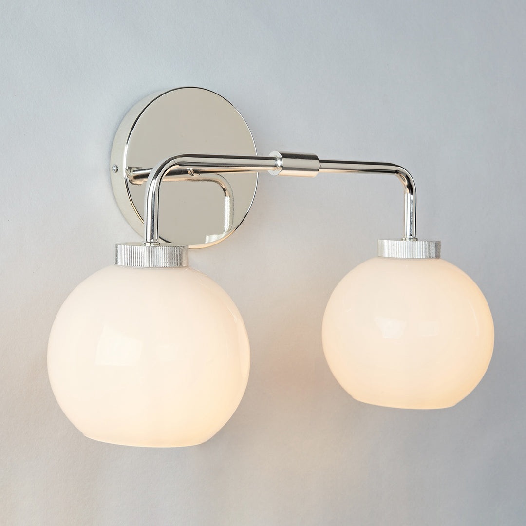 Globe Shade Matte Finish with Brass Accents Double Light Sconce - Elegant Blown Glass and Steel Frame, Bathroom Sconce