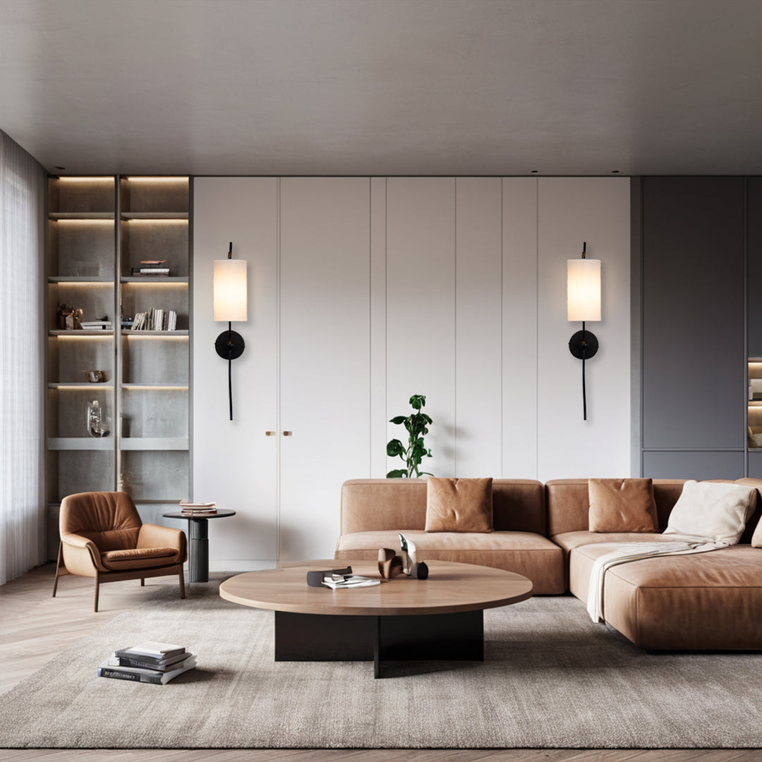 Mid-Century Single Light Wall Sconce with White Linen Shade, Industrial Wall Mounted Lamp with Wavy Black Forged Iron Arm, Hardwired Night Light for Bedroom, Living Room, Hallway