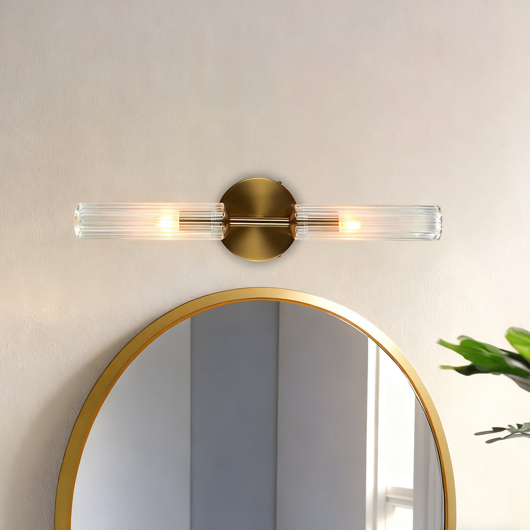 Antique Bronze Double Tube Sconce with Ribbed Glass Shades and Cylindrical Design for Durable Indoor Lighting
