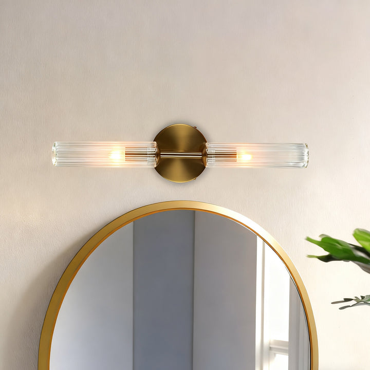 Antique Bronze Double Tube Sconce with Ribbed Glass Shades and Cylindrical Design for Durable Indoor Lighting