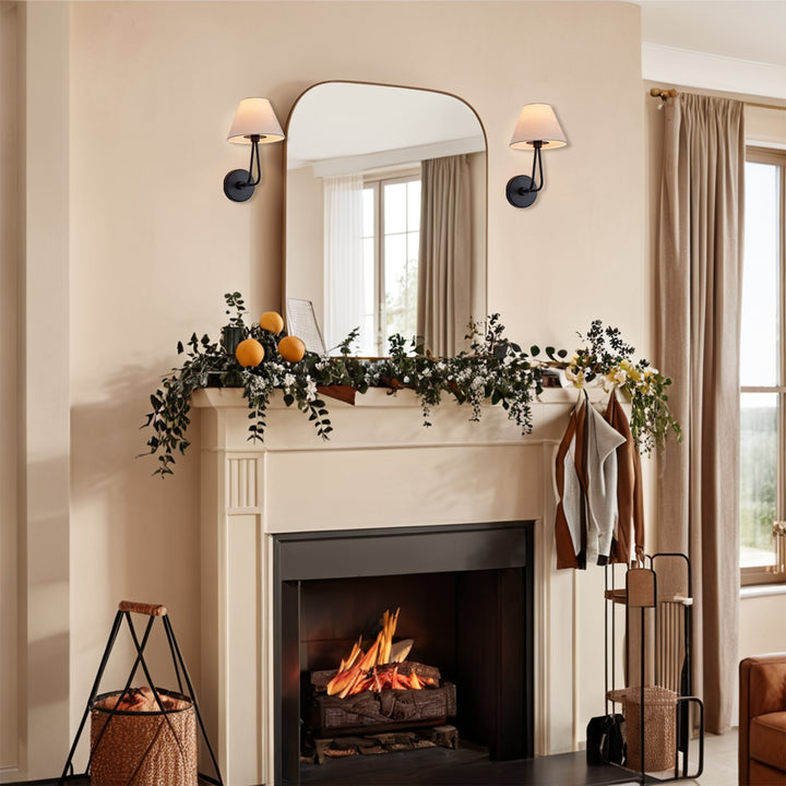 Classic Wall Lighting with Cream Linen Shade, Mid-century Modern Wall Mounted Lamp with Antique Hand-painted Metal Finish, Hardwired Light Fixture for Bedroom, Living Room, Corridor, Entryway