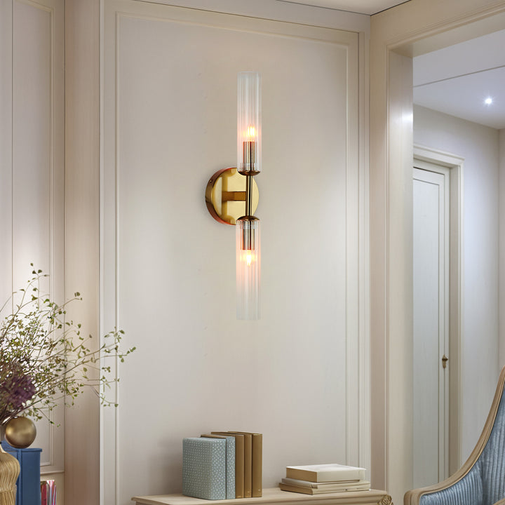 Antique Bronze Double Tube Sconce with Ribbed Glass Shades and Cylindrical Design for Durable Indoor Lighting