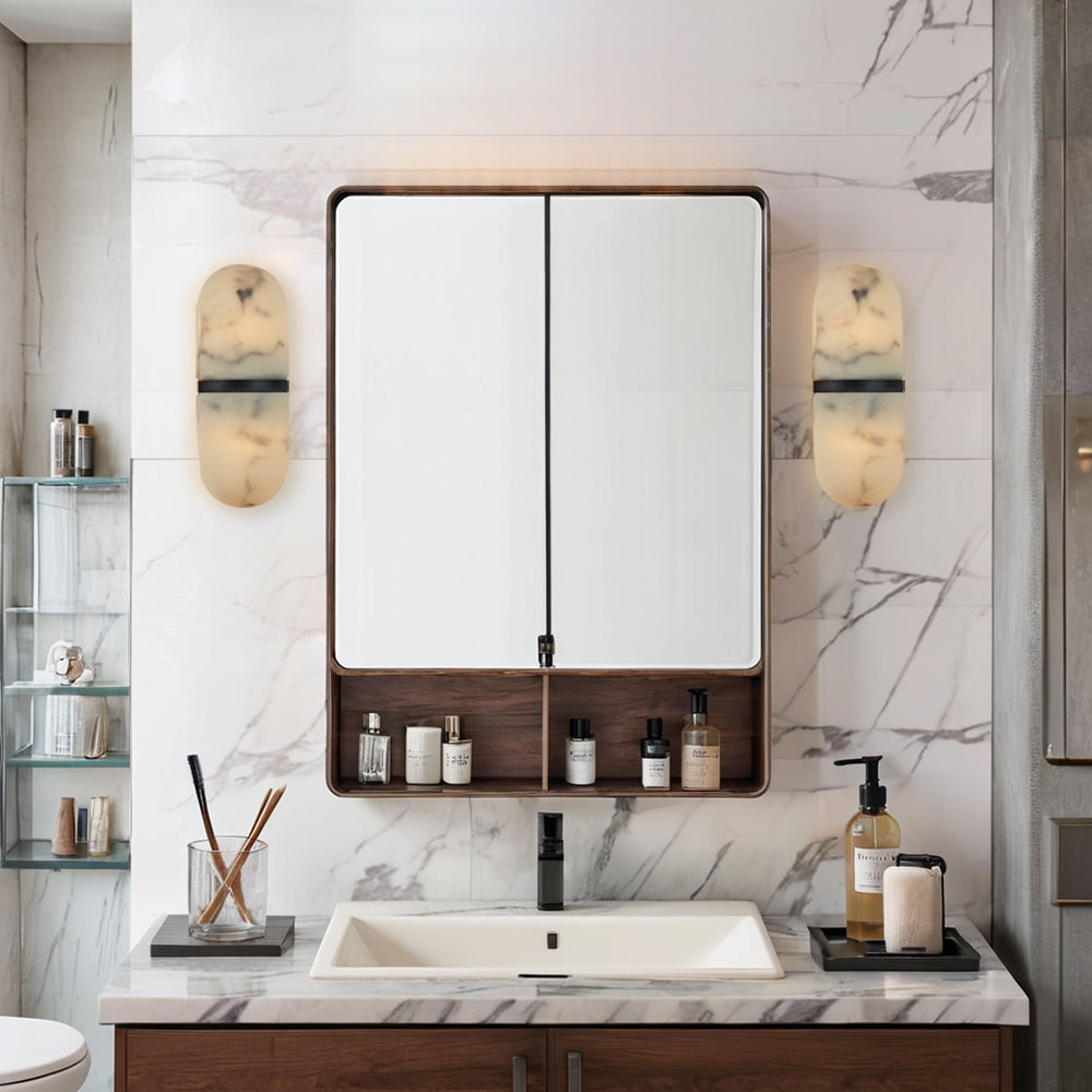 Alabaster Metal Damp Rated Hardwire Sconce - Alabaster and Metal Construction - Ideal for Wall Sconces, Bathroom Sconce, Kitchen Sconce, and Exterior Wall Lights