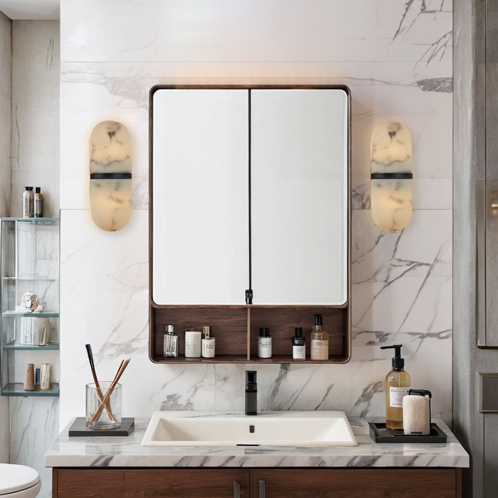 Alabaster Metal Damp Rated Hardwire Sconce - Alabaster and Metal Construction - Ideal for Wall Sconces, Bathroom Sconce, Kitchen Sconce, and Exterior Wall Lights