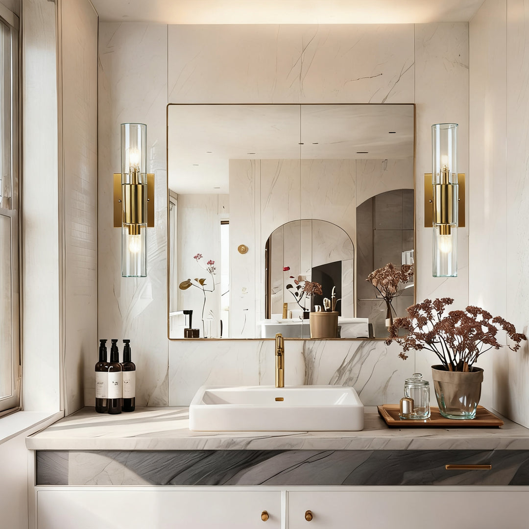 Rustic Geometric Design Double Tube Wall Sconce - Damp Rated Hand-Cut Glass Fixture for Bathroom, Bedroom Wall Sconces, and Wall Lamps