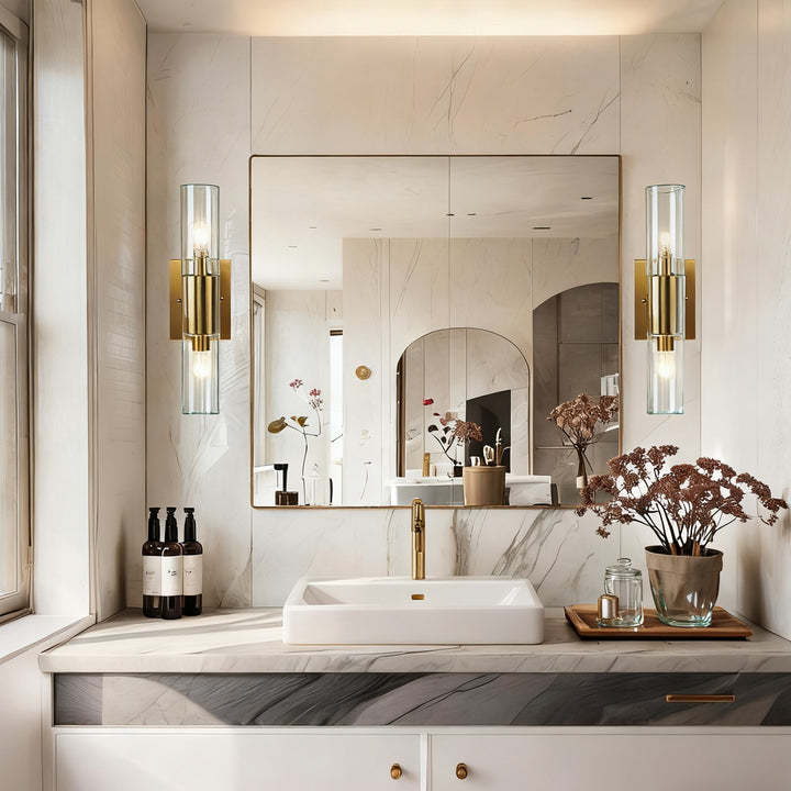 Rustic Geometric Design Double Tube Wall Sconce - Damp Rated Hand-Cut Glass Fixture for Bathroom, Bedroom Wall Sconces, and Wall Lamps