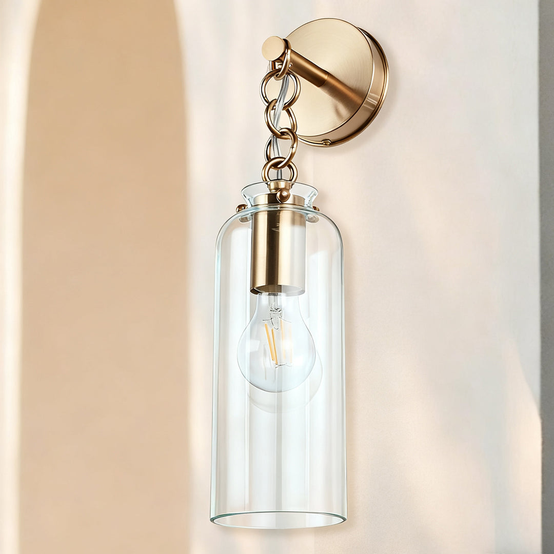 Aged Brass Sconce Wall Lamp, Retro Wall Mounted Lighting with Clear Glass Tube, Decorative Wall Light Fixture for Living Room, Bedroom, Hallway, Kitchen, Staircase