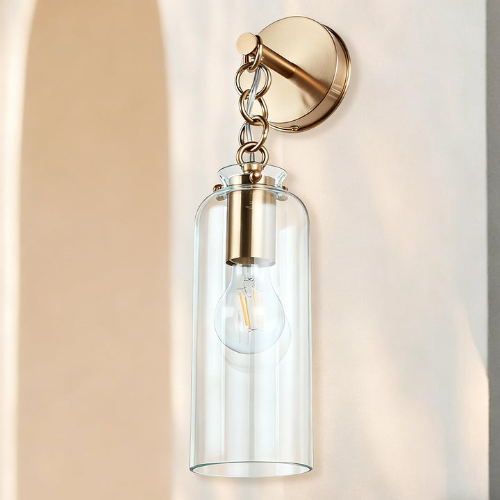 Aged Brass Sconce Wall Lamp, Retro Wall Mounted Lighting with Clear Glass Tube, Decorative Wall Light Fixture for Living Room, Bedroom, Hallway, Kitchen, Staircase