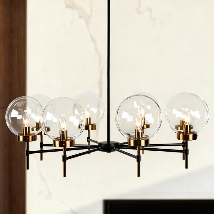 Mid-Century Modern Blown Glass Globe Chandelier - Adjustable Height with Two-Toned Metals for Dining Room, Living Room, and Sitting Room Lighting