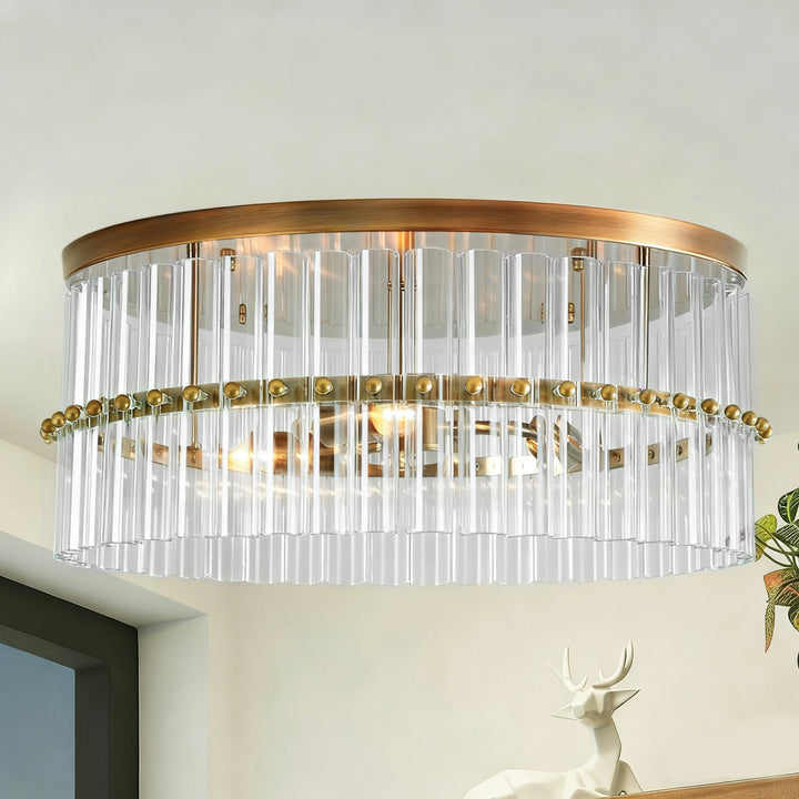 Luminous Steel Craft Flush Mount - Hand-Blown Cut Crystal Glass Shade with Optical Illumination and Tumbled Brass Finish for for Bedroom, Living Room, Dining Room