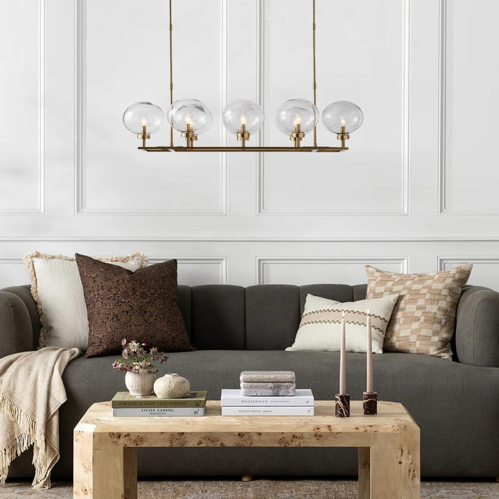 Steel Frame Frosted Globe Chandelier - Blown Glass with Steel and Brass Frame - Adjustable Height and Linear Base - Stylish Light Fixtures for Dining Room and Dining Area Chandelier