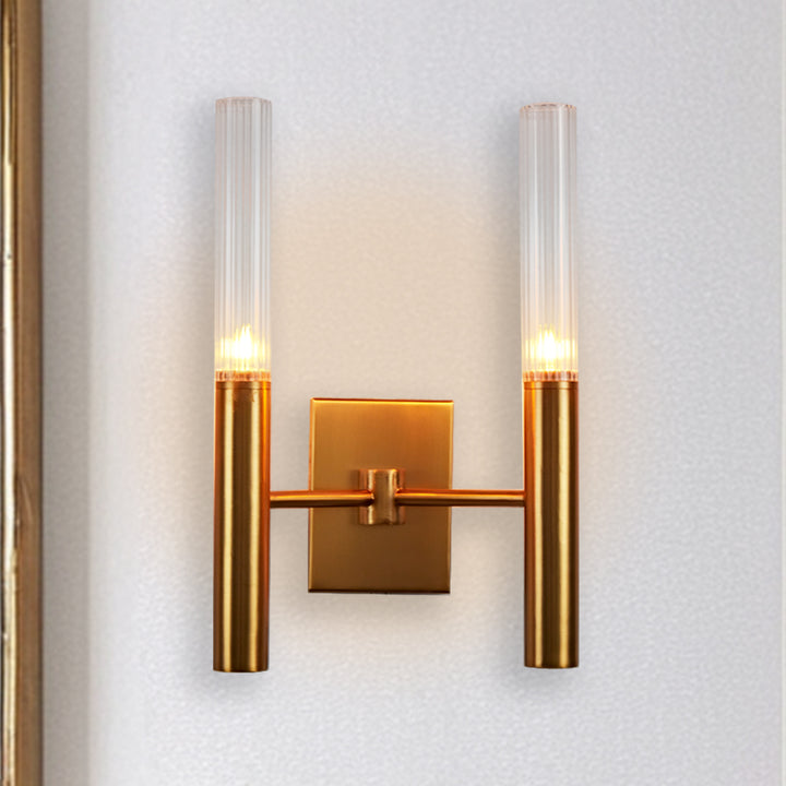 Mid-Century Modern Wall Sconce with Vintage Brass Finish and Ribbed Glass Shades - Ideal for Bathroom and Modern Living Room Fixtures