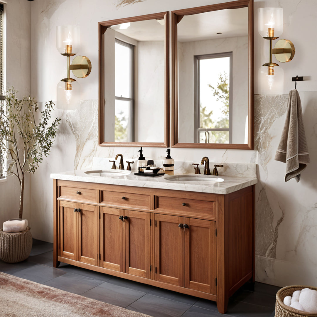 Antique Bronze Double Sconce with Ribbed Glass Shades and Bell-Shaped Design for Durable Indoor Lighting