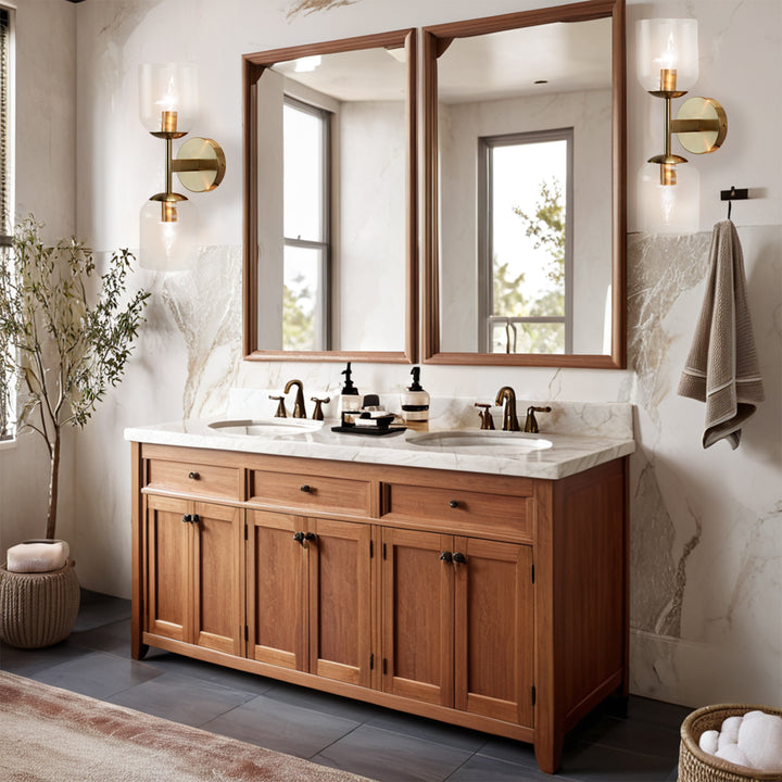 Antique Bronze Double Sconce with Ribbed Glass Shades and Bell-Shaped Design for Durable Indoor Lighting