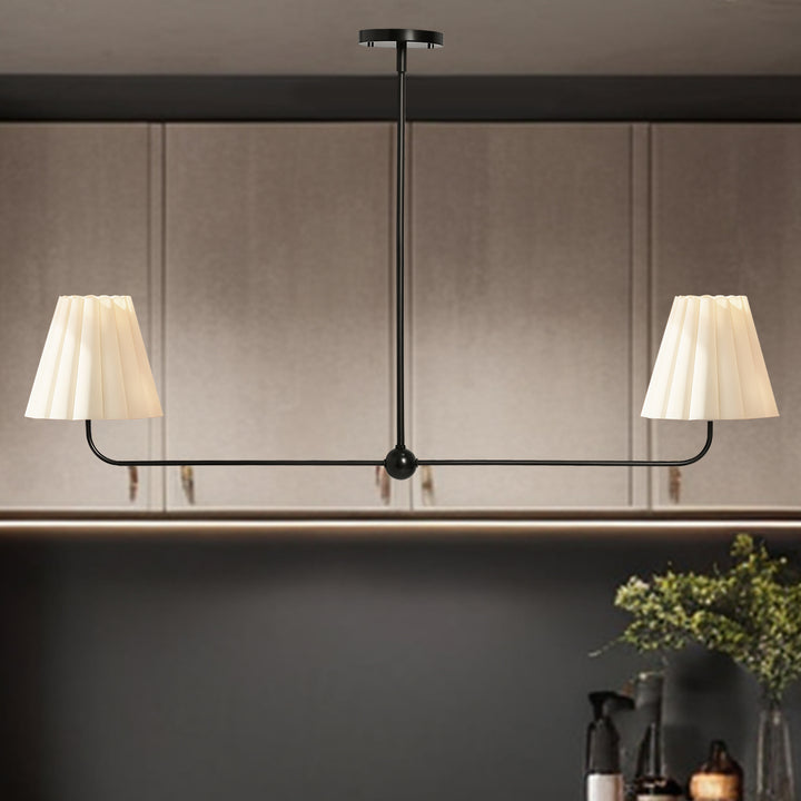 Kitchen Island Lighting with Pleated Linen Shade, 2 Lights Linear Chandelier with Adjustable Height (18-46"), Modern Ceiling Hanging Pendant Light for Dining Room, Living Room, Bedroom