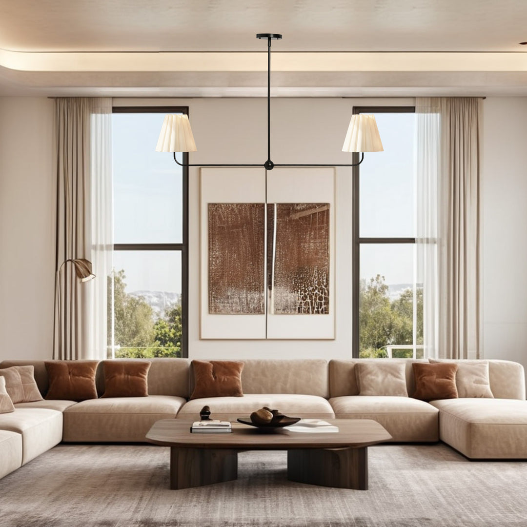 Kitchen Island Lighting with Pleated Linen Shade, 2 Lights Linear Chandelier with Adjustable Height (18-46"), Modern Ceiling Hanging Pendant Light for Dining Room, Living Room, Bedroom