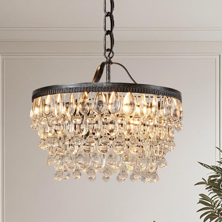 Vintage Crystal Raindrop Elegance Chandelier - Faceted-Glass Crystals and Rain Drops Display for Dining Room and Living Room Lighting