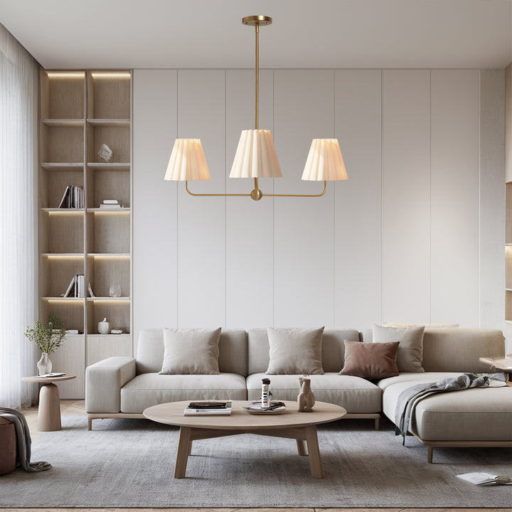 Mid-centry Modern Chandelier with Adjustable Height (18-54"), 3-Light Pendant Light over Table, Scandinavian Kitchen Island Lighting Fixture with Linen Shade for Dining Room Living Room