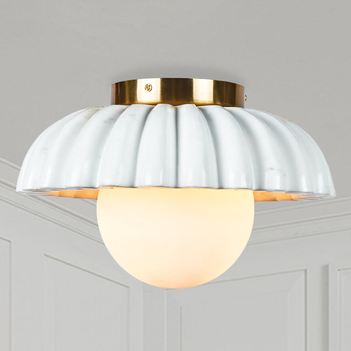 Luxury Marble Radiance Flush Mount: Vintage Fluted Marble with Glossy White Globe Shade for Bedroom Ceiling Fixtures, Living Room Ceiling Lamps, or Bedroom Light Fixtures