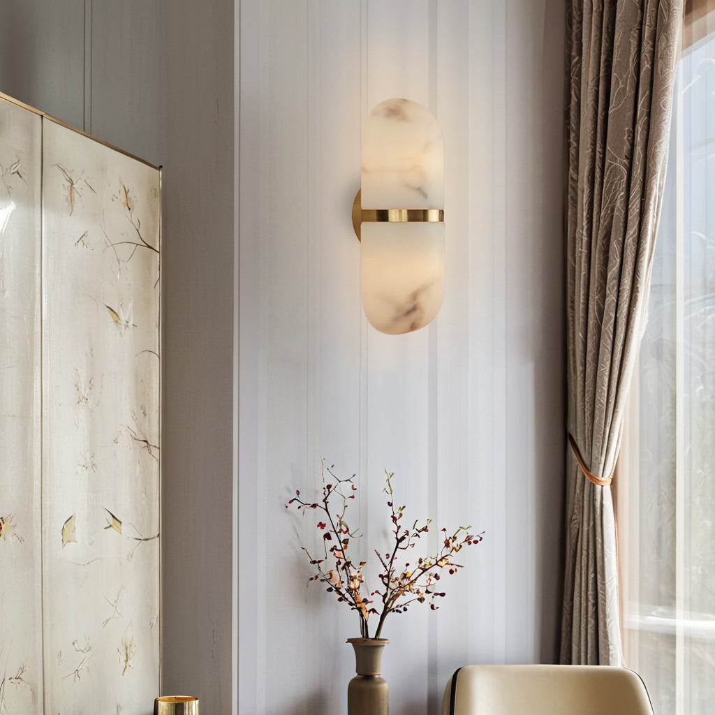 Alabaster Metal Damp Rated Hardwire Sconce - Alabaster and Metal Construction - Ideal for Wall Sconces, Bathroom Sconce, Kitchen Sconce, and Exterior Wall Lights