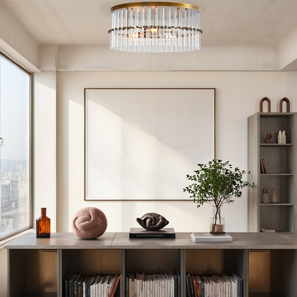 Luminous Steel Craft Flush Mount - Hand-Blown Cut Crystal Glass Shade with Optical Illumination and Tumbled Brass Finish for for Bedroom, Living Room, Dining Room