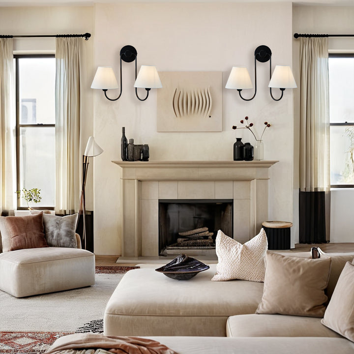 Modern Linen Shade Double Swoop Sconce - Stainless Steel and Oil Brushed Bronze with White Linen Shade - Stylish Moisture Resistant Wall Sconce for Living Room