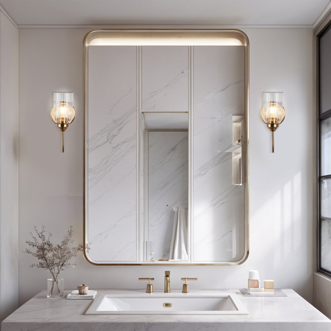 Antique Gooseneck Brass Sconce with Clear Fluted Glass, Gold Wall Mounted Lamp Beside Mirror, Wet-rated Wall Light for Bathroom, Stairs, Kitchen, Hallway, Fireplace (E26 Base)