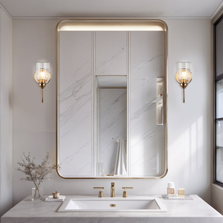 Antique Gooseneck Brass Sconce with Clear Fluted Glass, Gold Wall Mounted Lamp Beside Mirror, Wet-rated Wall Light for Bathroom, Stairs, Kitchen, Hallway, Fireplace (E26 Base)