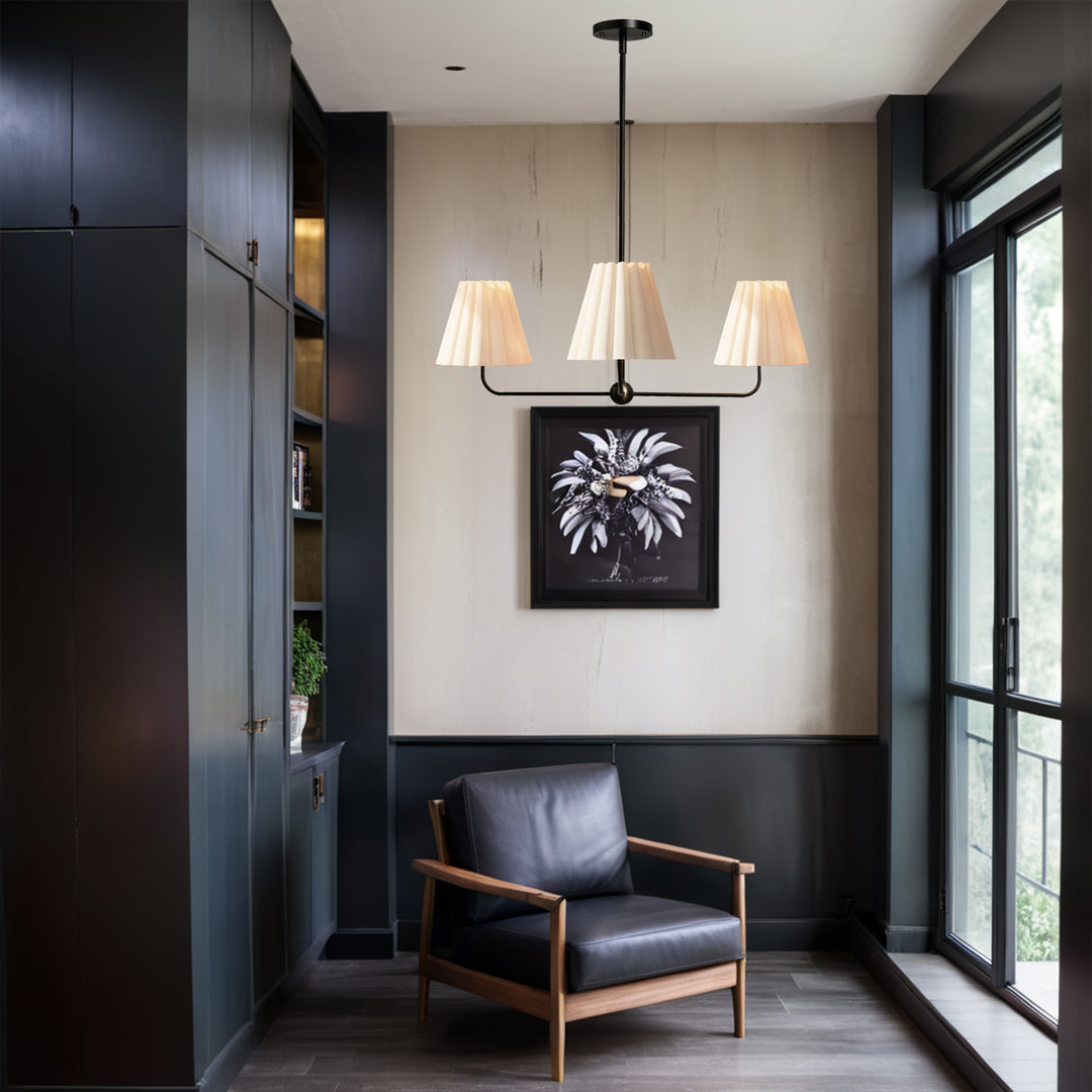 Mid-centry Modern Chandelier with Adjustable Height (18-54"), 3-Light Pendant Light over Table, Scandinavian Kitchen Island Lighting Fixture with Linen Shade for Dining Room Living Room