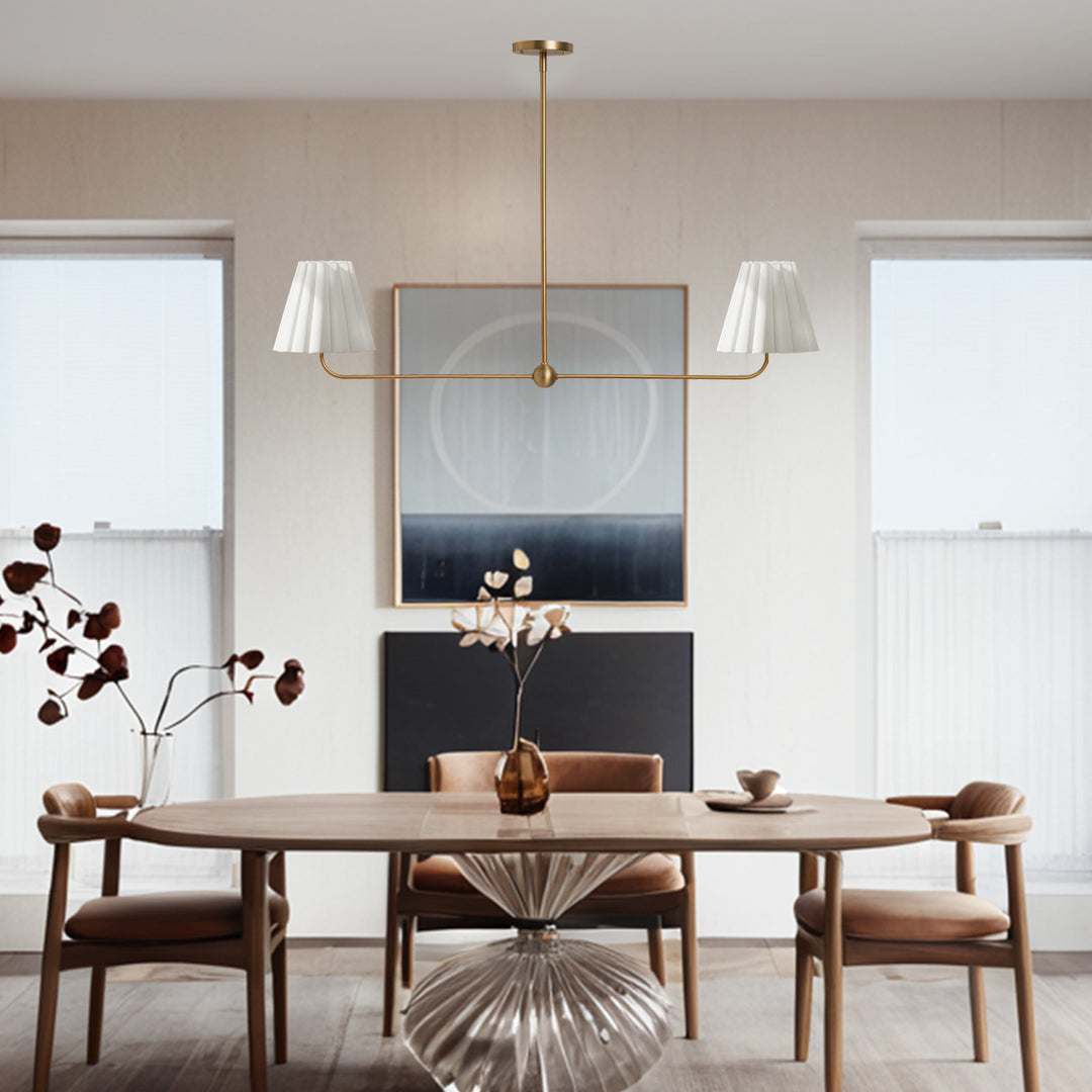 Kitchen Island Lighting with Pleated Linen Shade, 2 Lights Linear Chandelier with Adjustable Height (18-46"), Modern Ceiling Hanging Pendant Light for Dining Room, Living Room, Bedroom
