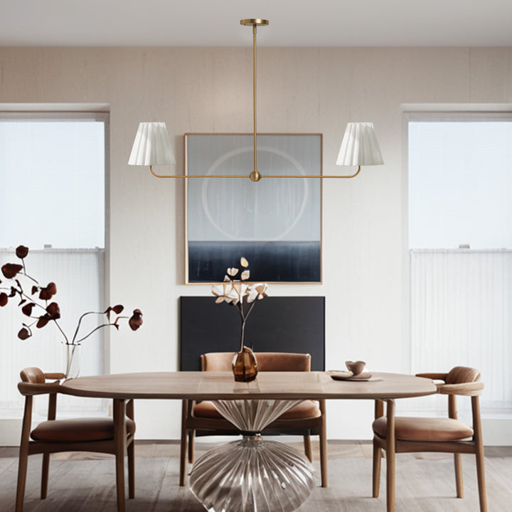 Kitchen Island Lighting with Pleated Linen Shade, 2 Lights Linear Chandelier with Adjustable Height (18-46"), Modern Ceiling Hanging Pendant Light for Dining Room, Living Room, Bedroom