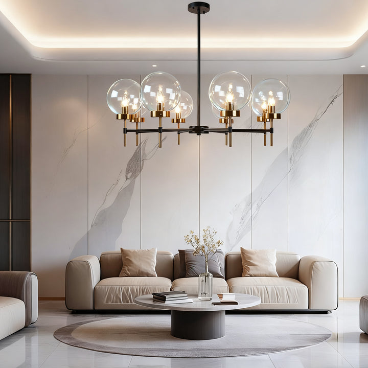 Mid-Century Modern Blown Glass Globe Chandelier - Adjustable Height with Two-Toned Metals for Dining Room, Living Room, and Sitting Room Lighting