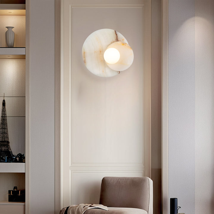Opaline Cream Sculpture Wall Sconce: Natural Cream Onyx with Opaque White Glass Globe Bulb, Sculptural Design for Living Room, Bathroom, or Bedroom Wall Lighting