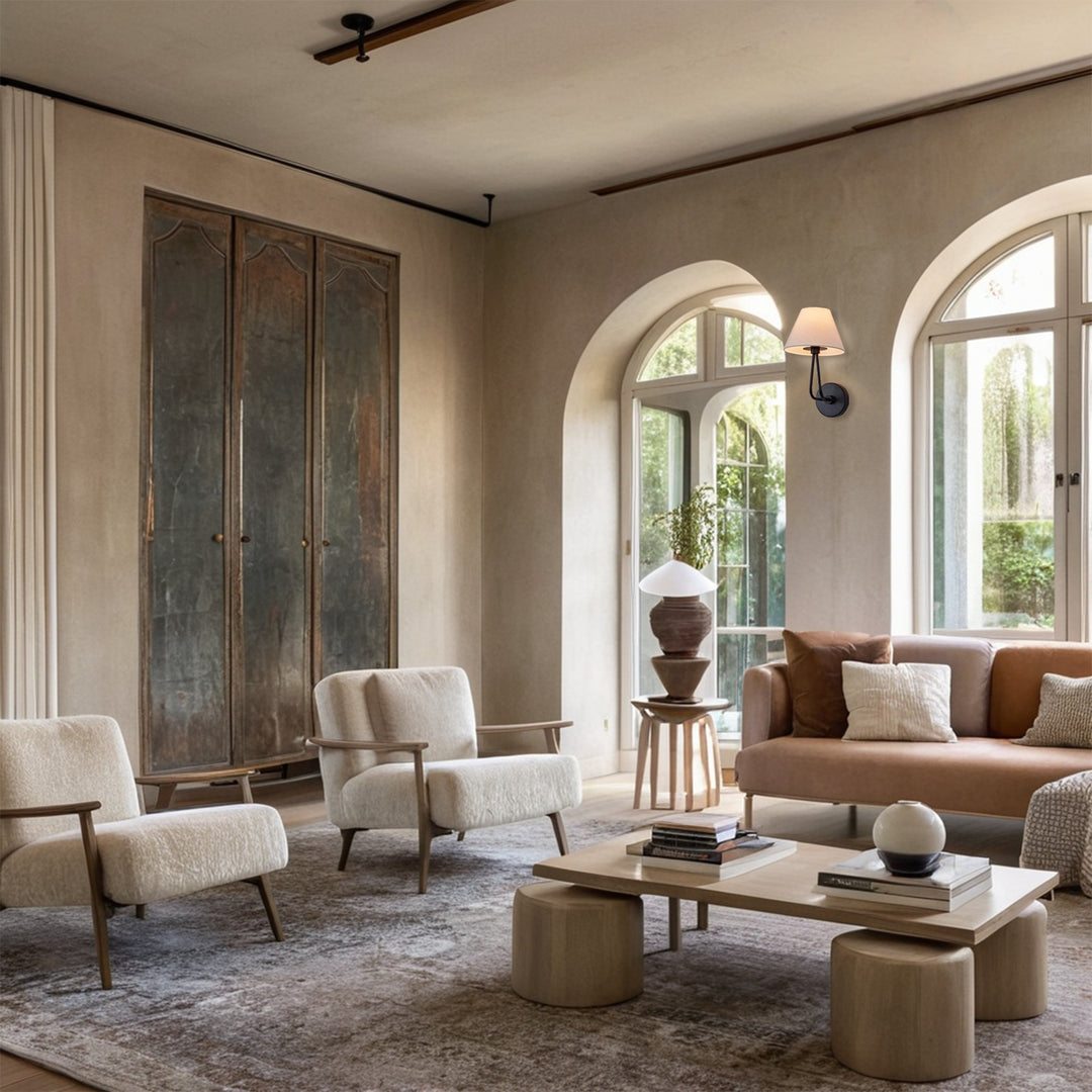 Classic Wall Lighting with Cream Linen Shade, Mid-century Modern Wall Mounted Lamp with Antique Hand-painted Metal Finish, Hardwired Light Fixture for Bedroom, Living Room, Corridor, Entryway