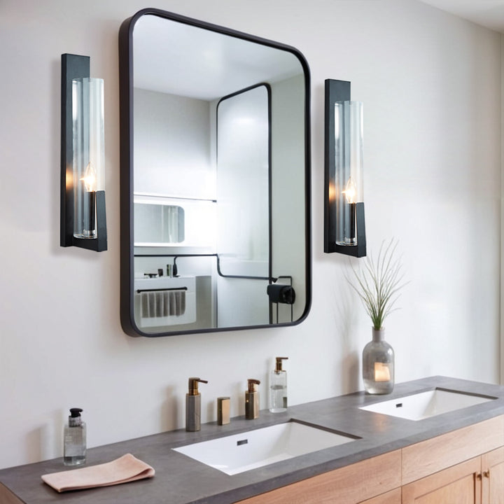 Clear Ribbed Glass Iron Forge Sconce - Long Shape with Vintage Gold Leaf Finish and Clear Ribbed Glass - Stylish Bathroom Sconce Lights and Modern Wall Lighting