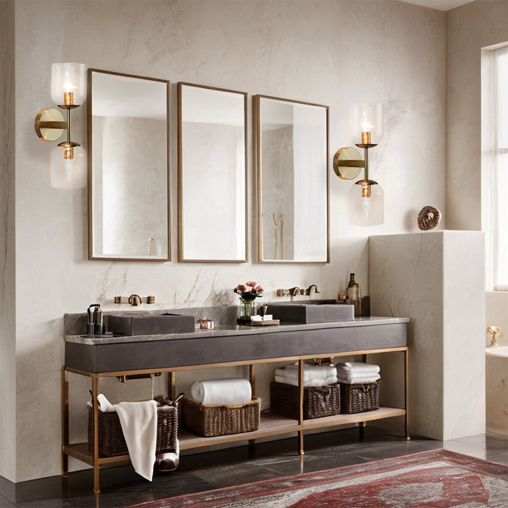 Antique Bronze Double Sconce with Ribbed Glass Shades and Bell-Shaped Design for Durable Indoor Lighting