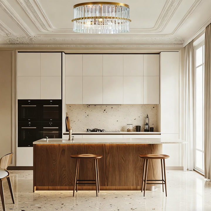 Luminous Steel Craft Flush Mount - Hand-Blown Cut Crystal Glass Shade with Optical Illumination and Tumbled Brass Finish for for Bedroom, Living Room, Dining Room