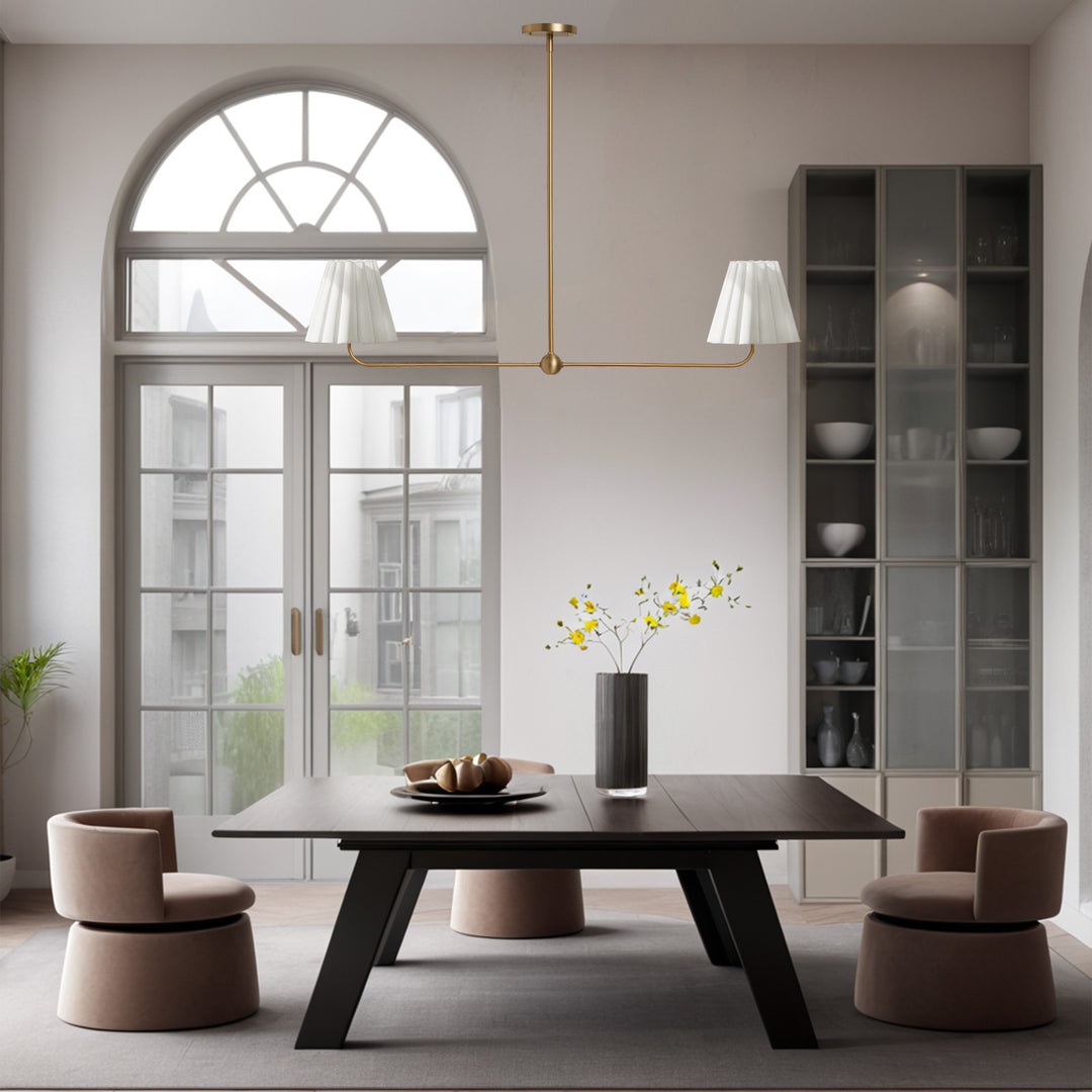 Kitchen Island Lighting with Pleated Linen Shade, 2 Lights Linear Chandelier with Adjustable Height (18-46"), Modern Ceiling Hanging Pendant Light for Dining Room, Living Room, Bedroom