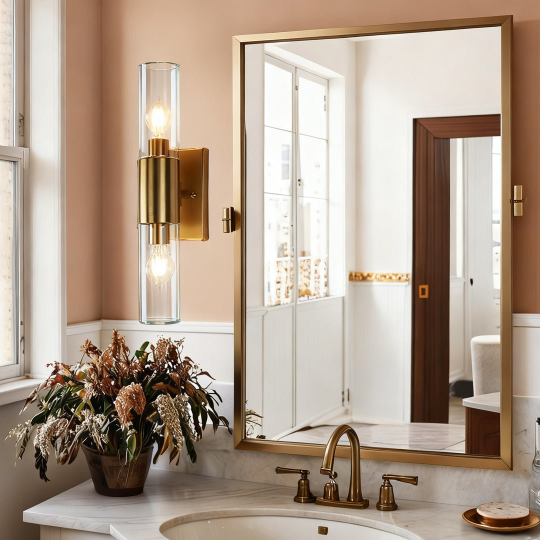 Rustic Geometric Design Double Tube Wall Sconce - Damp Rated Hand-Cut Glass Fixture for Bathroom, Bedroom Wall Sconces, and Wall Lamps