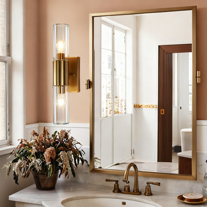 Rustic Geometric Design Double Tube Wall Sconce - Damp Rated Hand-Cut Glass Fixture for Bathroom, Bedroom Wall Sconces, and Wall Lamps