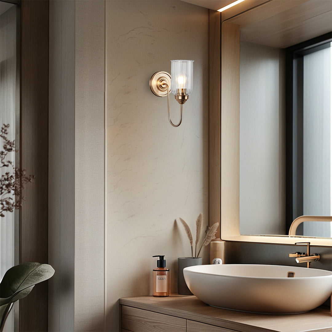 Antique Gooseneck Brass Sconce with Clear Fluted Glass, Gold Wall Mounted Lamp Beside Mirror, Wet-rated Wall Light for Bathroom, Stairs, Kitchen, Hallway, Fireplace (E26 Base)