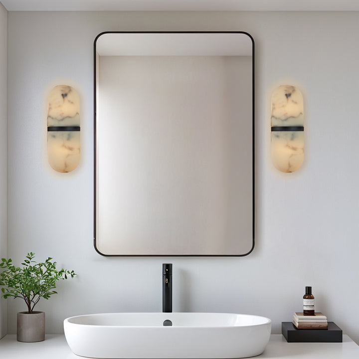 Alabaster Metal Damp Rated Hardwire Sconce - Alabaster and Metal Construction - Ideal for Wall Sconces, Bathroom Sconce, Kitchen Sconce, and Exterior Wall Lights