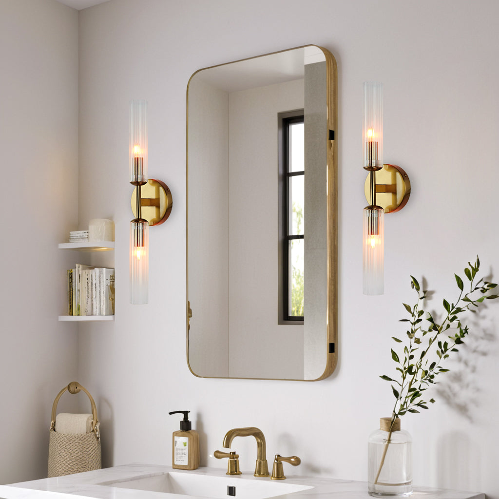 Antique Bronze Double Tube Sconce with Ribbed Glass Shades and Cylindrical Design for Durable Indoor Lighting